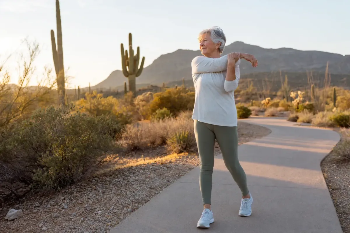 Active older adult walking outdoors in desert morning light, representing healthy aging and spine health