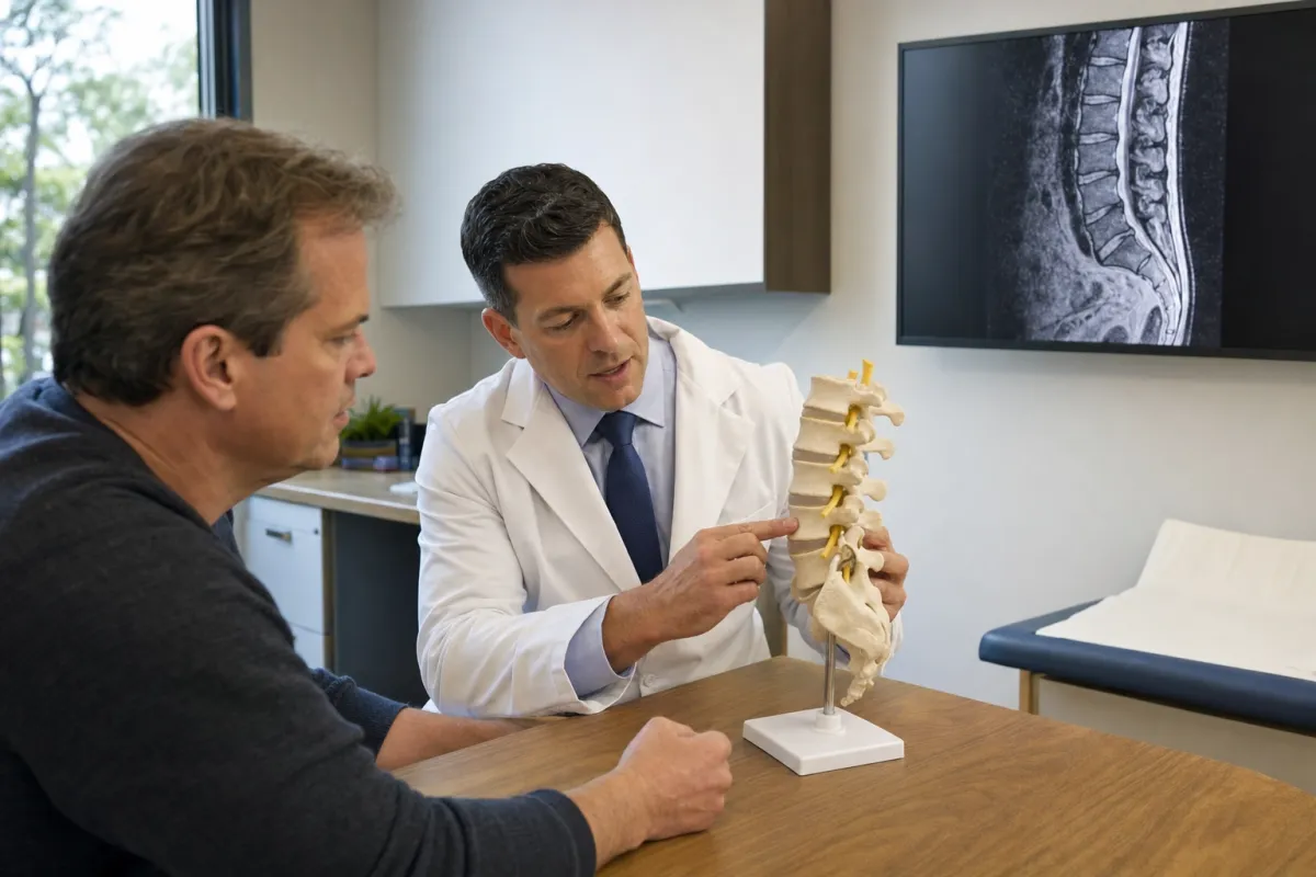 Spine surgeon reviewing a lumbar spine model and MRI with a patient while comparing discectomy and laminectomy