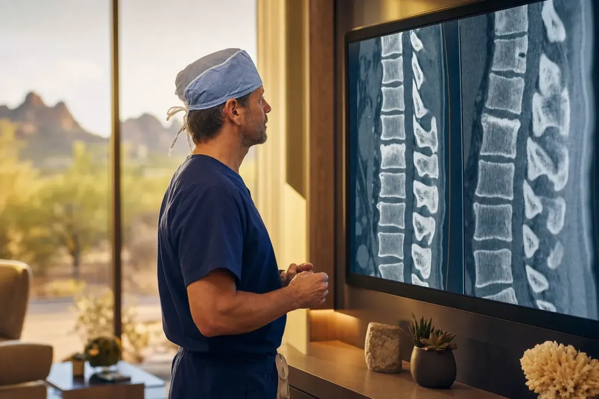 Surgeon reviewing a spinal fusion CT scan on a backlit display in a warm Phoenix medical office