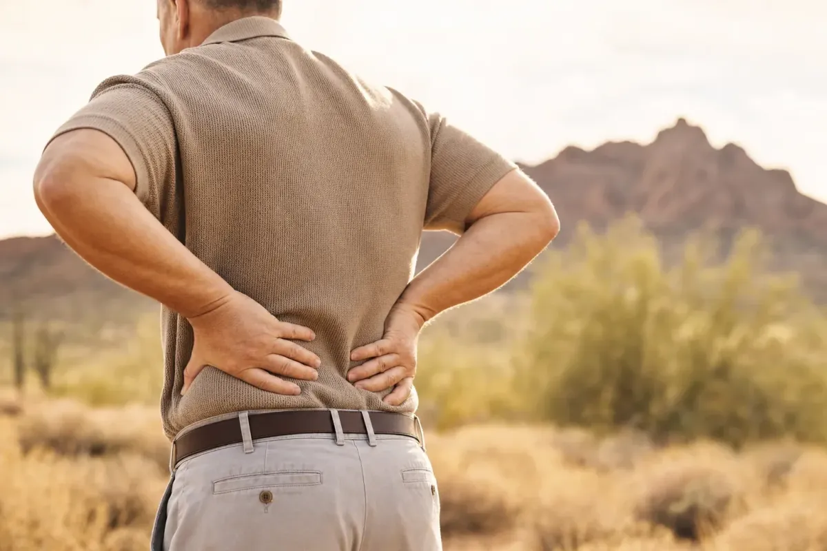 Adult holding the lower back at the beltline, illustrating the lumbar region as the most common pain location