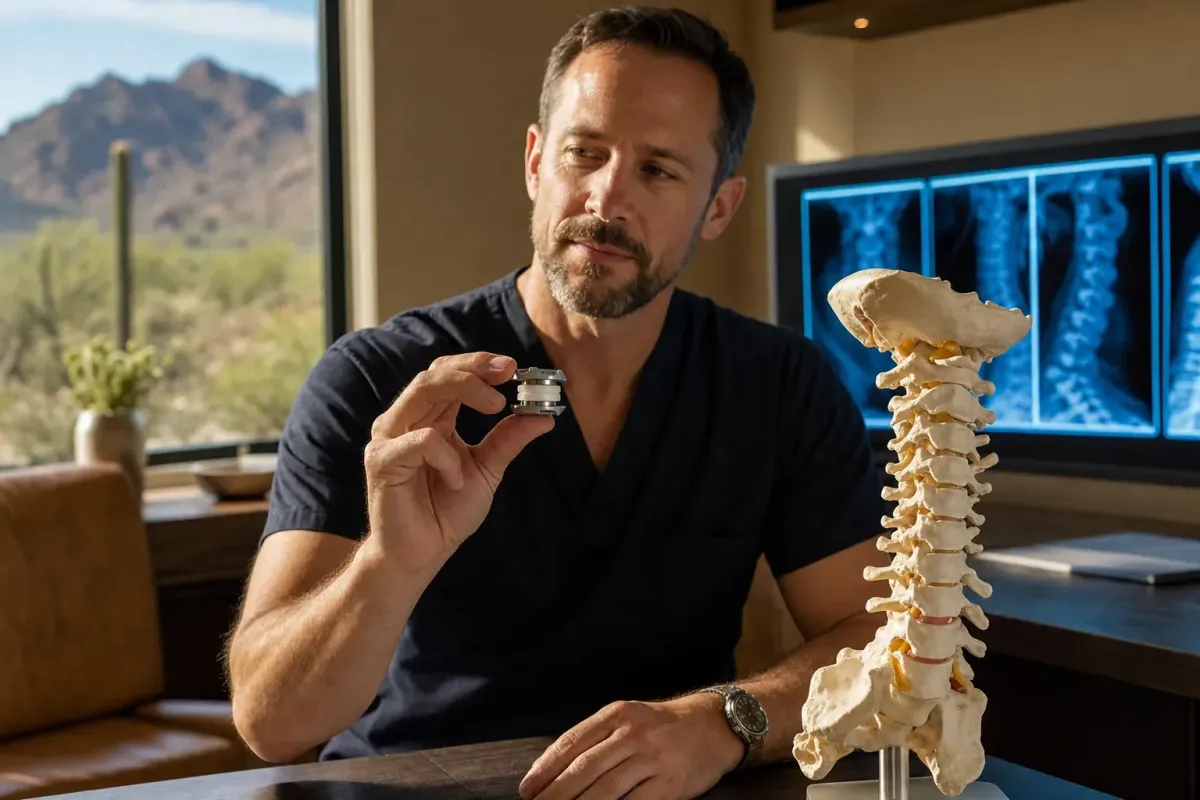 Surgeon holding a cervical artificial disc implant beside a neck spine model in a warm Phoenix office