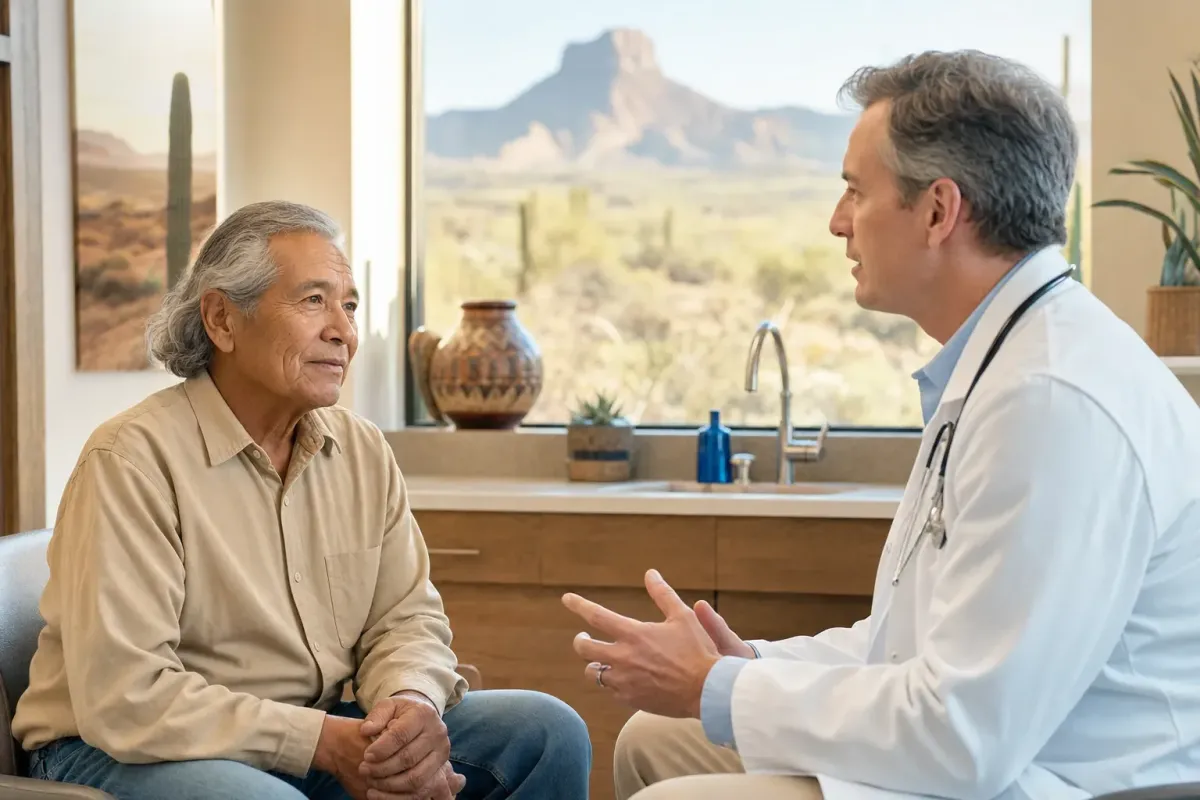 Patient and physician in a warm Phoenix clinic discussing chronic pain treatment options