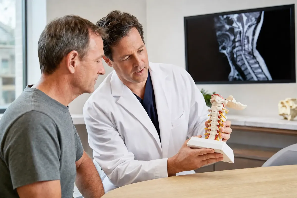 Spine surgeon showing a patient a cervical spine model during a neck surgery consultation