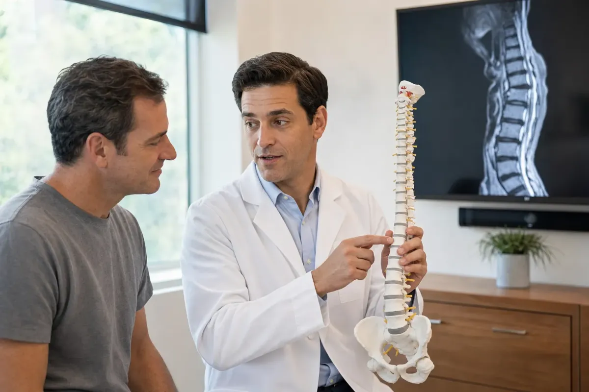 Spine surgeon showing a patient a full spine model during a corpectomy surgery consultation