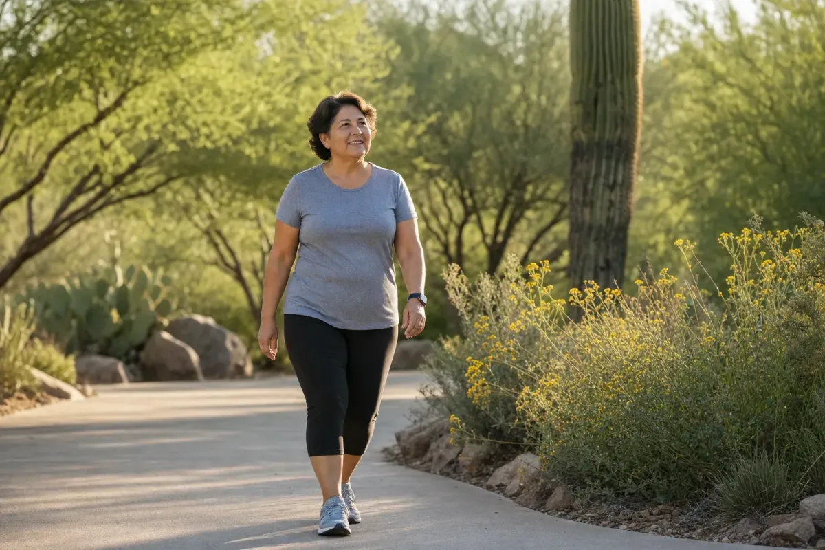 Person walking outdoors comfortably during recovery from spine surgery in warm morning light