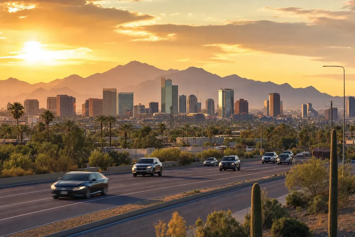 Downtown Phoenix skyline and busy road at golden hour representing city car accident volume