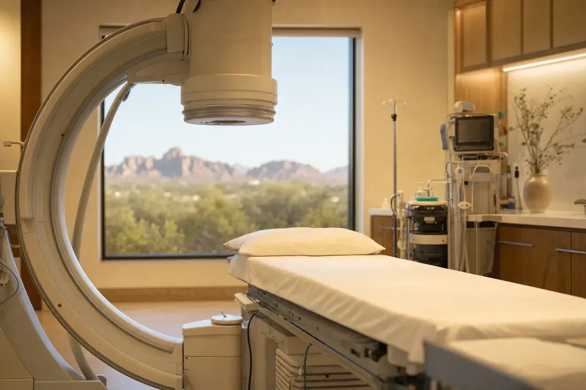 Modern image-guided procedure room used for diagnostic and therapeutic spinal nerve blocks