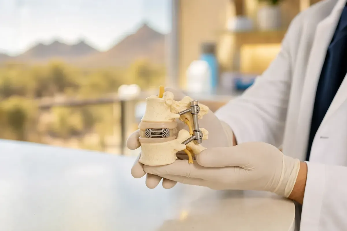 Surgeon holding a lumbar spine fusion model with interbody cage in a warm Phoenix medical office