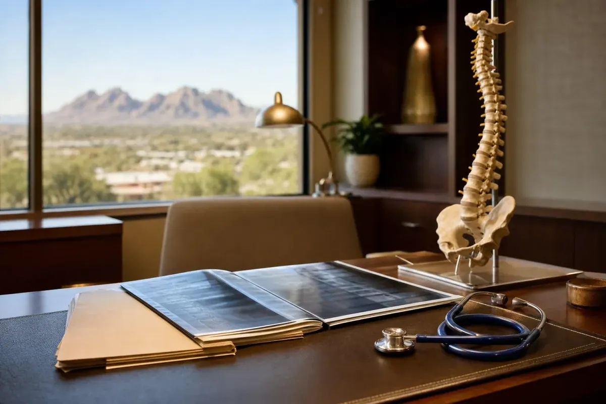 Medical records and spine imaging on a desk in a Phoenix medical office