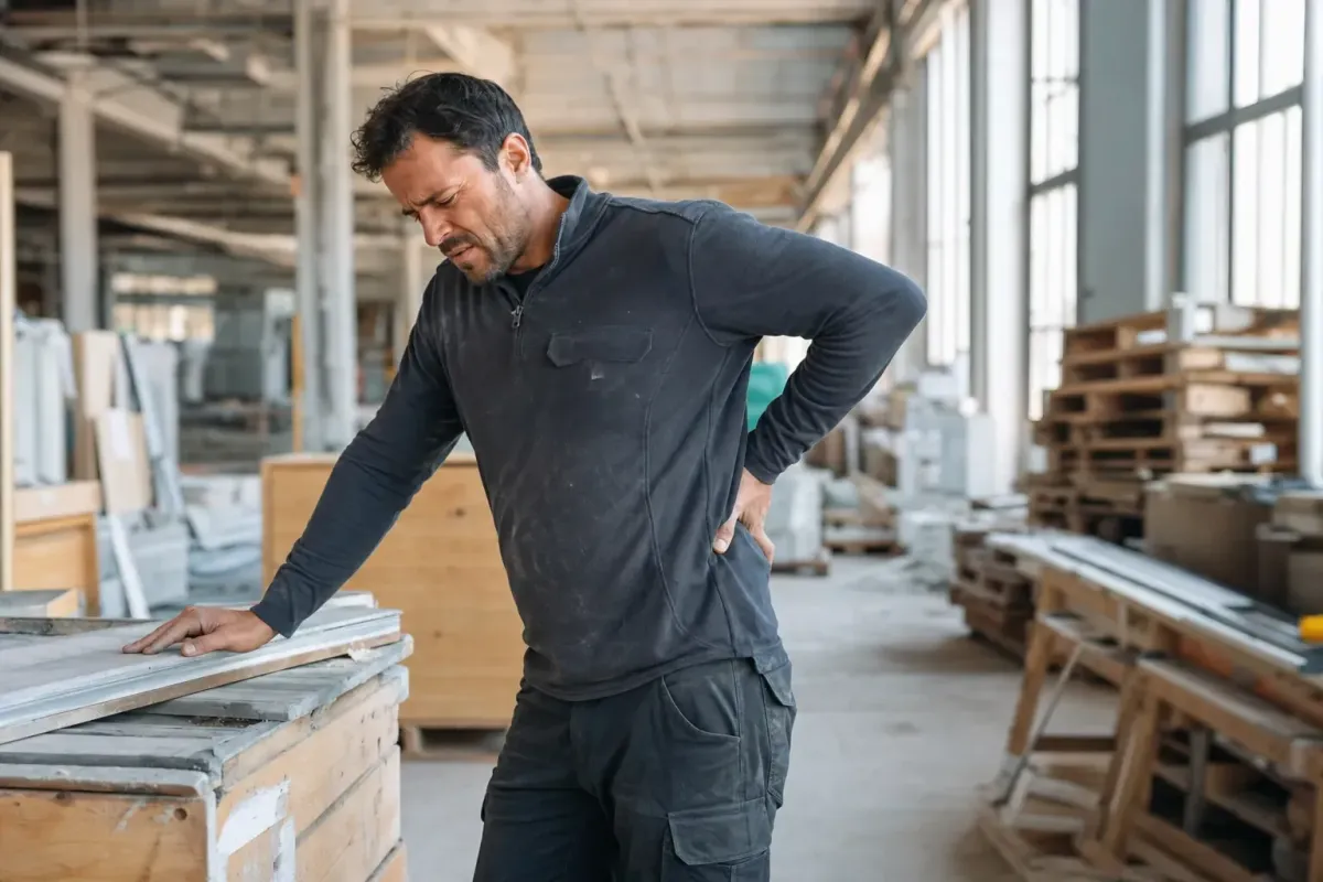 Warehouse worker pausing to hold their lower back, representing the economic cost of workplace back pain