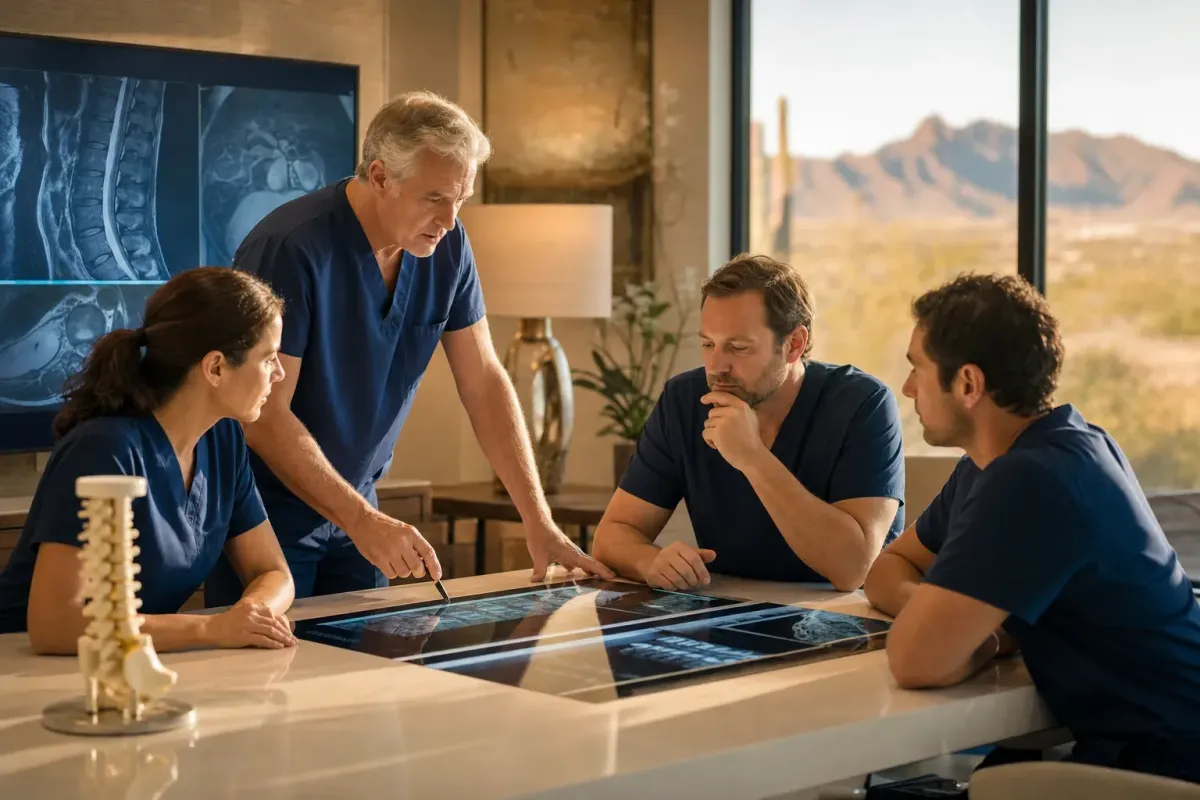 Experienced surgeon and team reviewing a spinal surgical plan in a warm Phoenix planning room