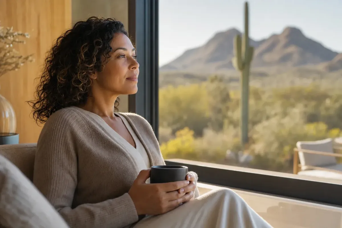 Adult sitting calmly by a window in warm light, reflecting the connection between chronic pain and mental health