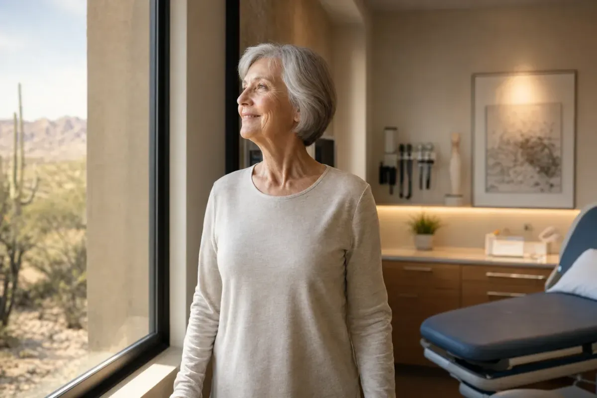Older adult standing comfortably upright after kyphoplasty in a warm sunlit Phoenix setting