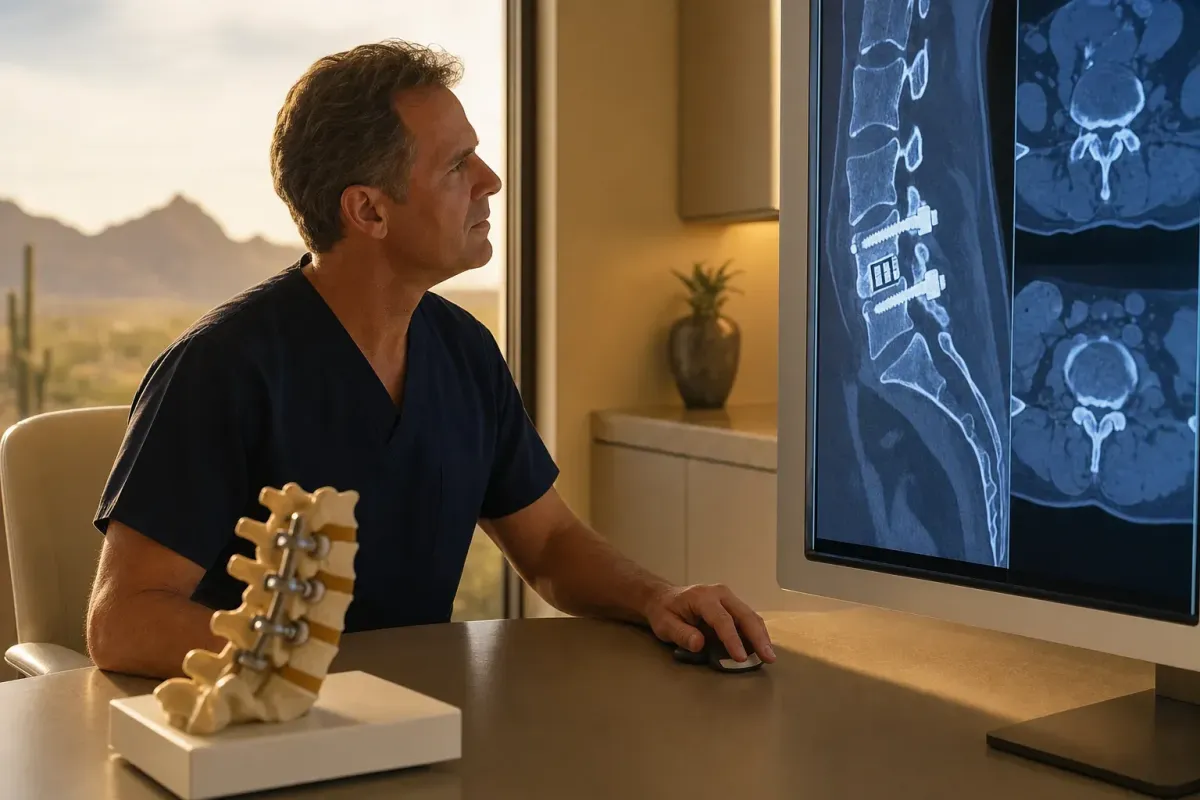 Surgeon reviewing a lumbar fusion CT with pedicle screws and cage in a warm Phoenix medical office
