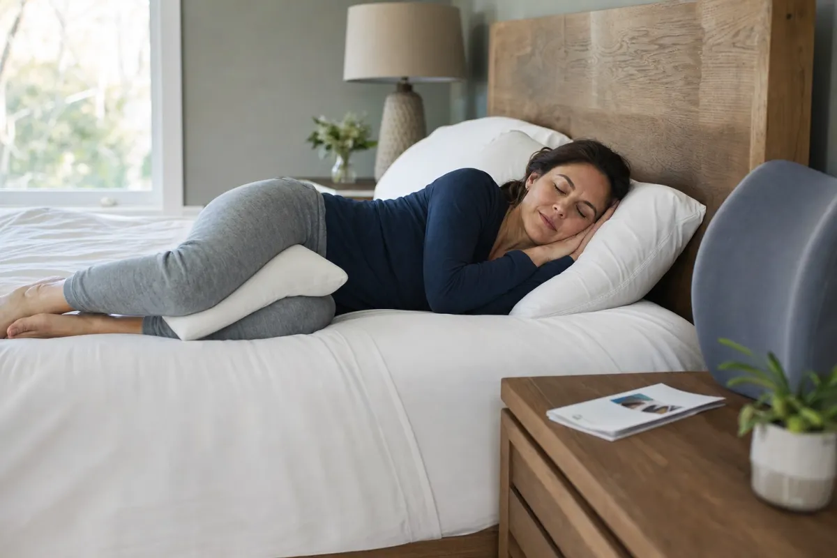 Adult sleeping on their side with a pillow between the knees to ease sciatica at night