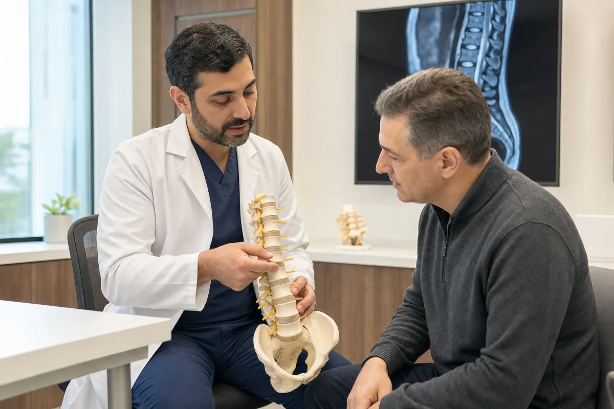 Spine surgeon showing a patient a spine model during a corpectomy surgery consultation