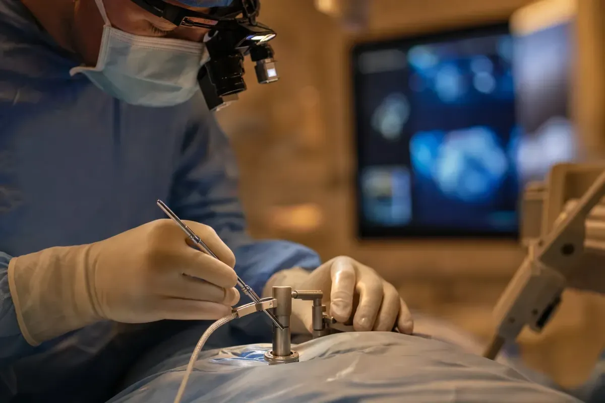 Surgeon using a tubular retractor and navigation during minimally invasive spine surgery