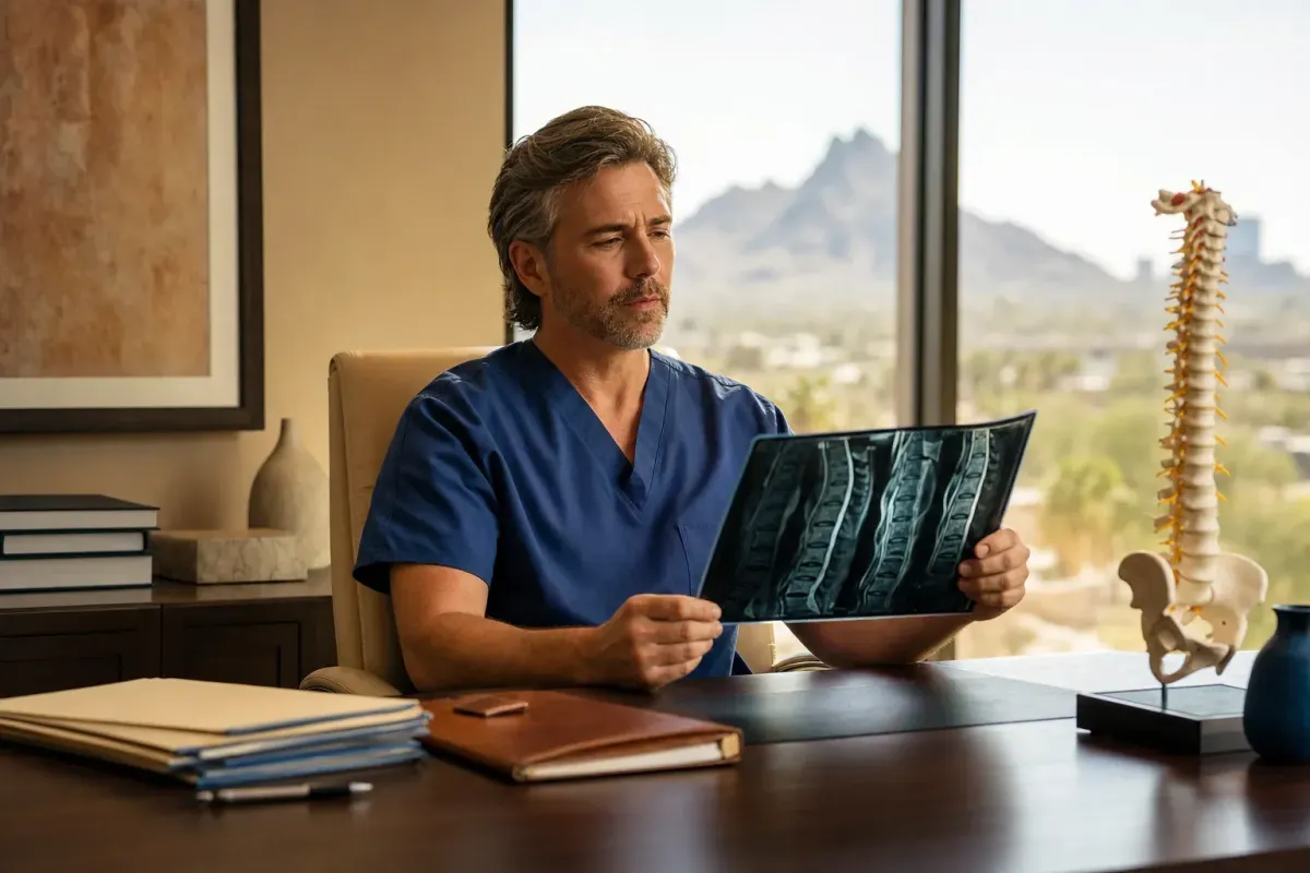 Spine physician reviewing case documentation in a Phoenix medical office