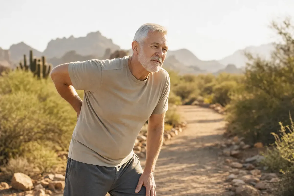 Older adult pausing while walking and leaning forward for relief, illustrating neurogenic claudication from spinal stenosis