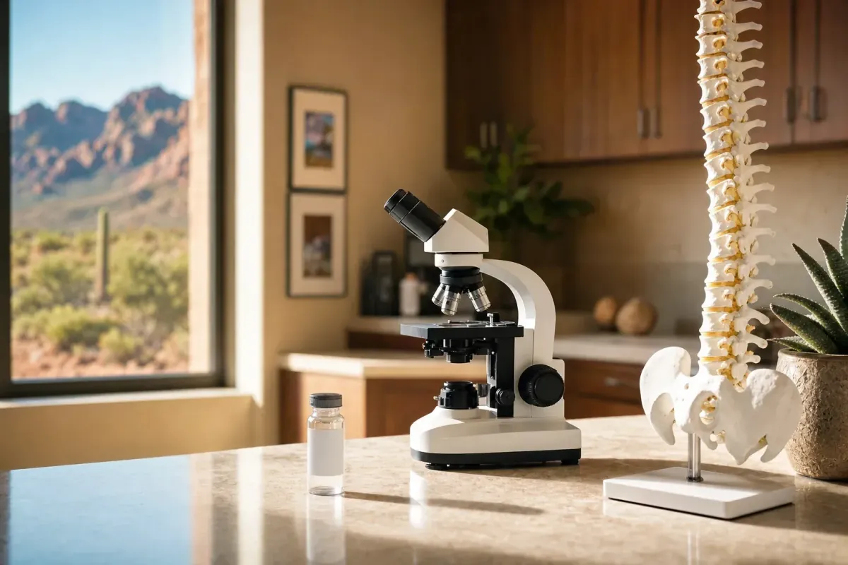Research laboratory setting with microscope and spine model representing stem cell therapy research for back pain