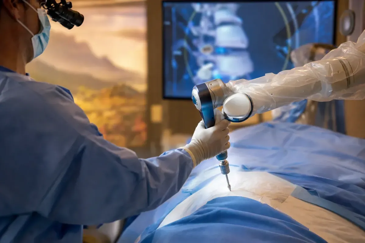 Surgeon guiding a robotic surgical arm with a 3D spinal navigation screen in a warm operating room
