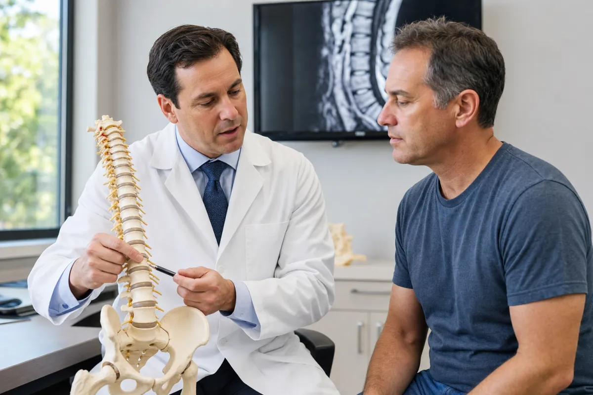 Spine surgeon showing a patient a spine model while comparing discectomy and corpectomy options
