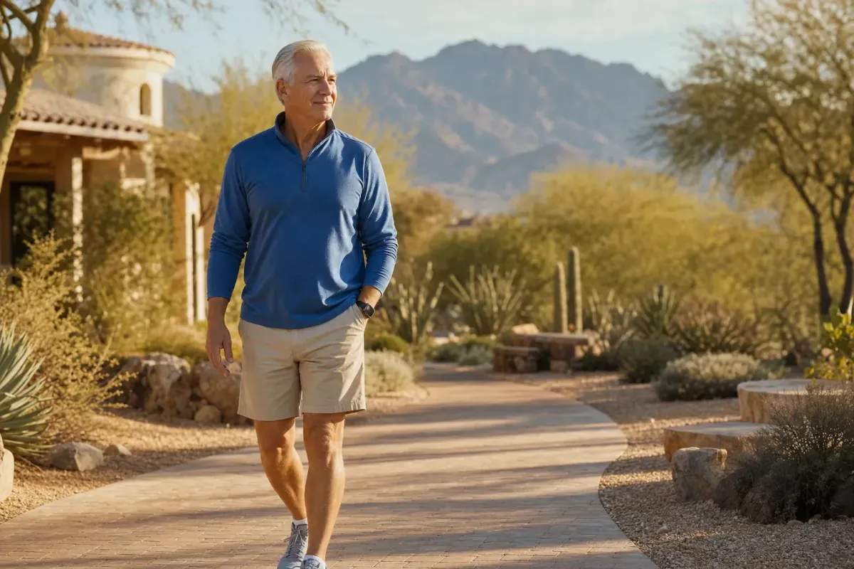 Active older adult walking comfortably outdoors after laminectomy for spinal stenosis in a warm Phoenix setting