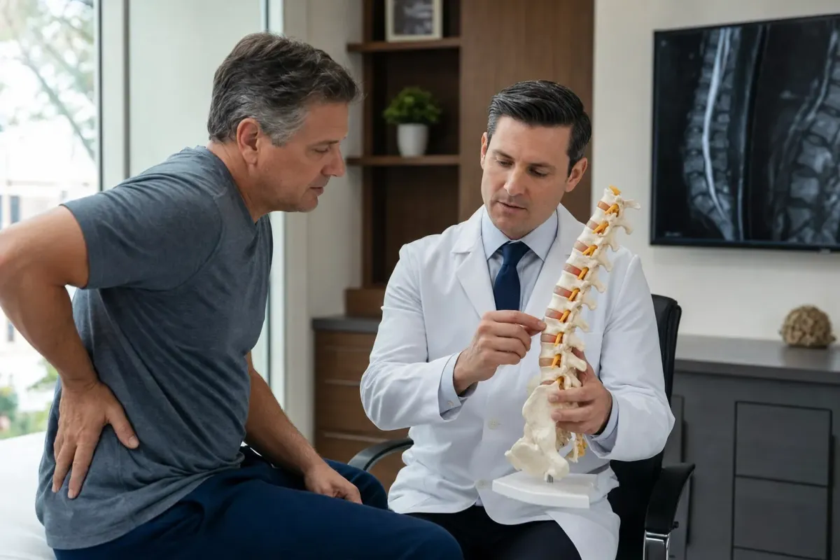 Spine physician showing a patient a lumbar spine model during a back pain consultation