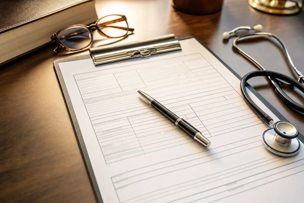 Workers compensation claim document with stethoscope representing back injury claim process