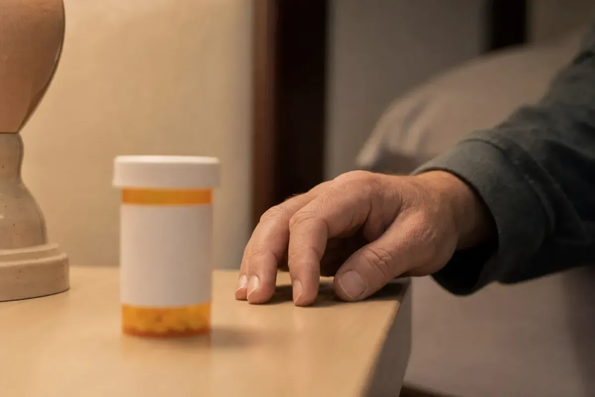 A prescription pill bottle on a nightstand, representing reconsidering opioid use for back pain