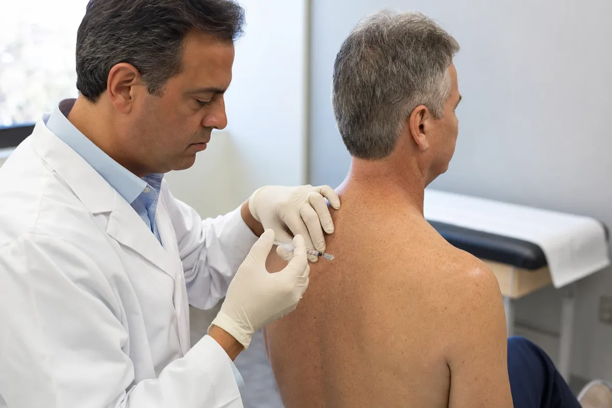 Pain physician giving a trigger point injection into a patient's upper back muscle in a clinic