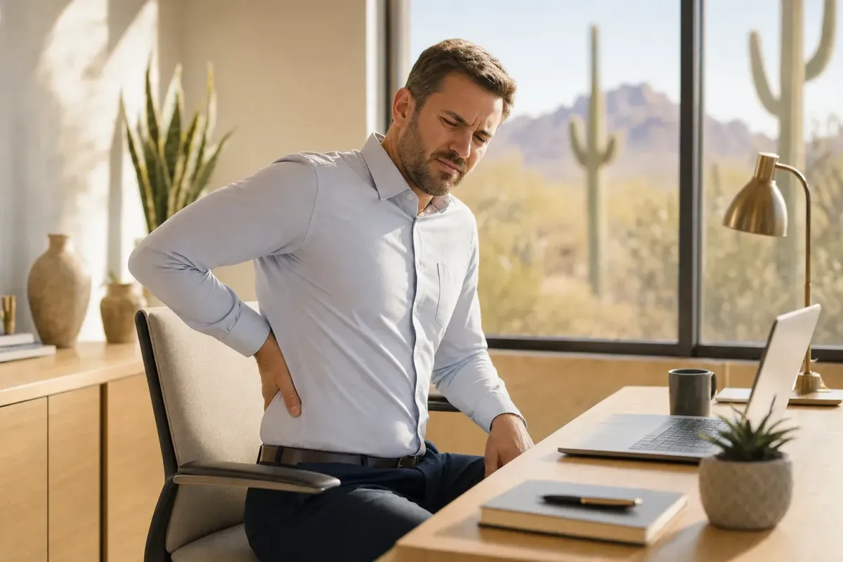 Working-age adult with lower back pain at a desk, illustrating back pain as a leading cause of work disability