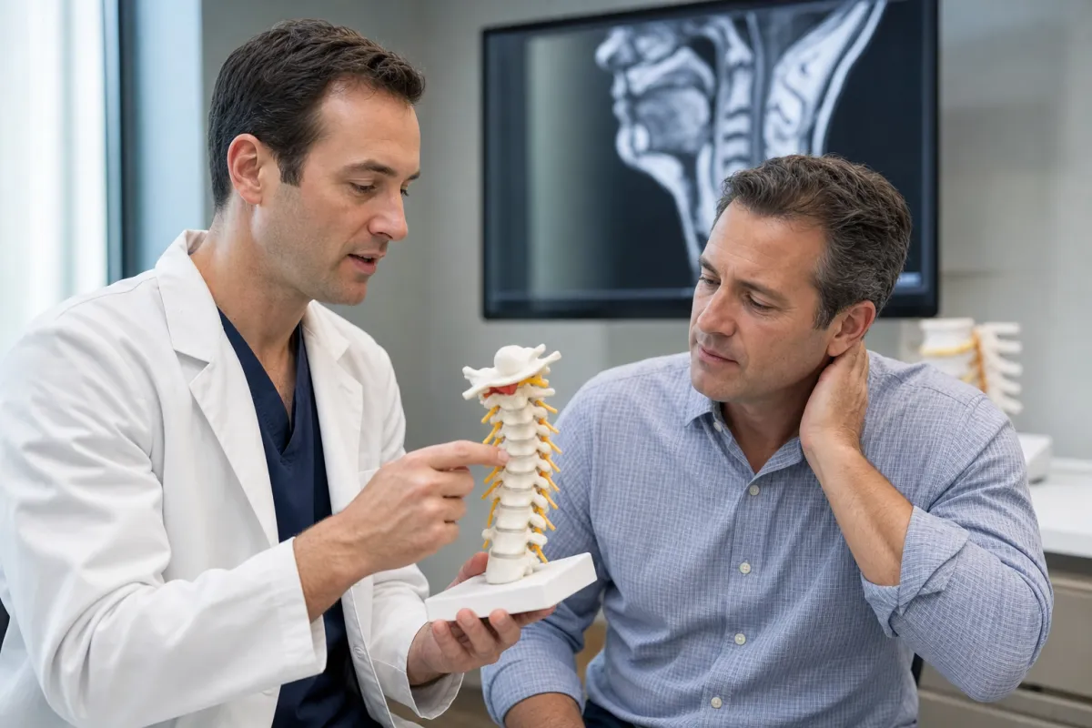 Spine surgeon showing a patient a cervical spine model during a neck pain consultation about ACDF