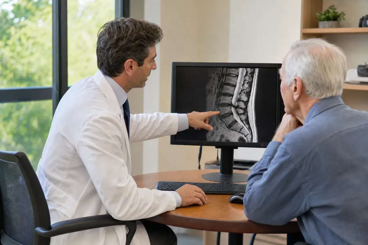 Spine surgeon reviewing a lumbar spinal stenosis MRI with an older patient in a bright clinic
