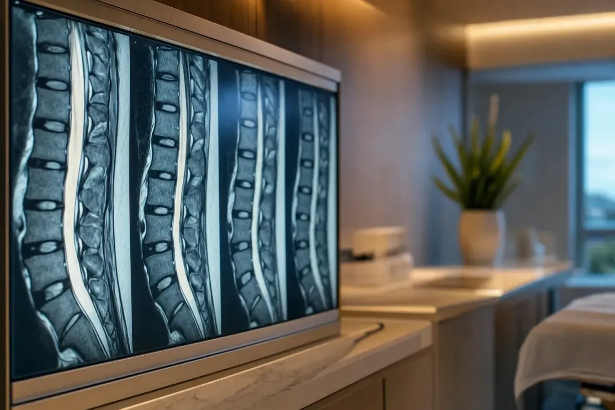 Spine MRI imaging on a monitor in a warm clinical setting representing car accident spinal injury diagnosis
