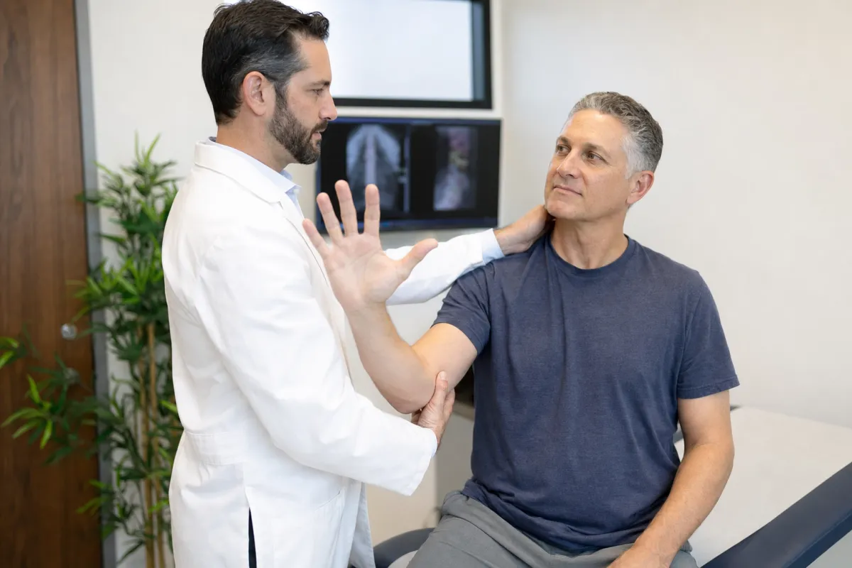 Spine specialist examining a patient's neck and hand coordination during a cervical evaluation