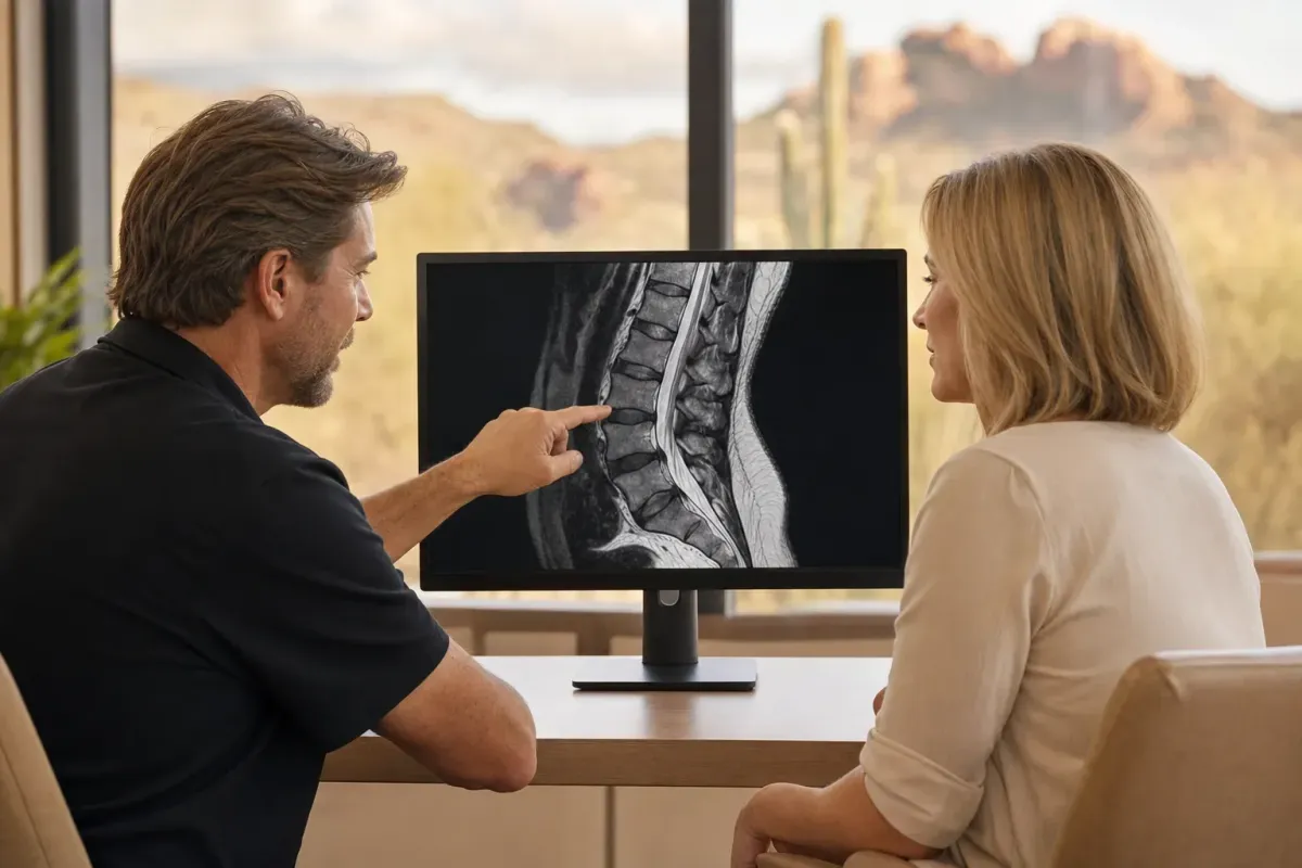 Clinician and patient reviewing a spine MRI, illustrating how disc degeneration is interpreted alongside symptoms