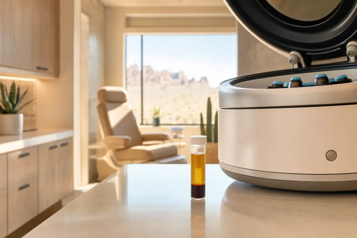 Centrifuge and separated platelet-rich plasma vial in a modern regenerative medicine clinic