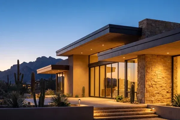 Desert modern home rendering with deep roof overhangs, glass walls, and a mountain horizon at dusk