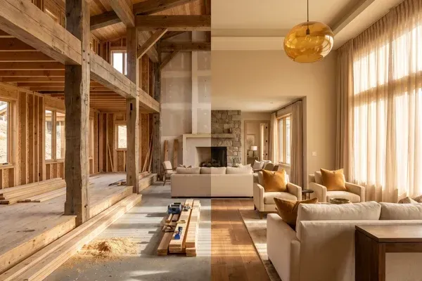 Luxury great room interior shown half in construction framing and half fully finished