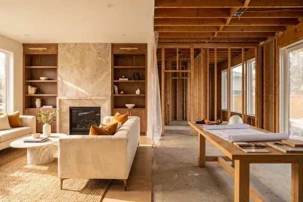 Luxury home renovation mid-project, custom millwork and stone finishes beside exposed framing and drawings