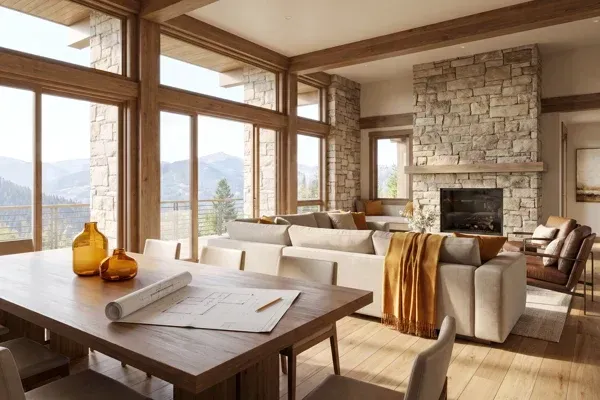 Luxury custom home great room rendering with architectural drawings spread on the dining table
