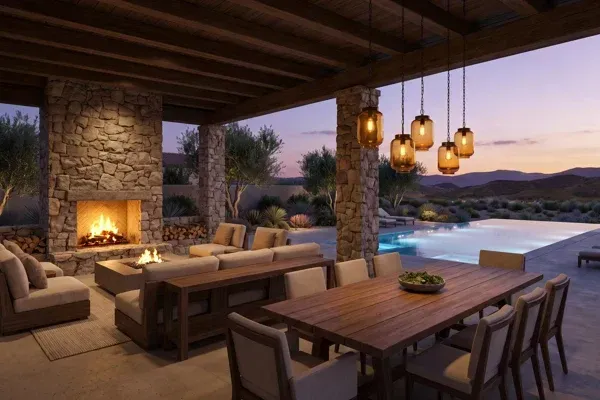 Rendering of a luxury covered outdoor terrace with dining area and pool at dusk