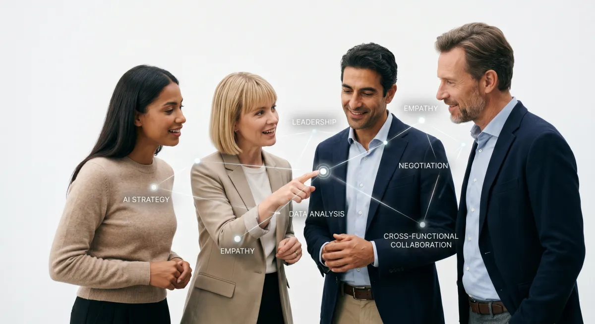 A corporate team collaborating on a skills-based workforce strategy, depicted with a glowing digital talent capability network on a white background.