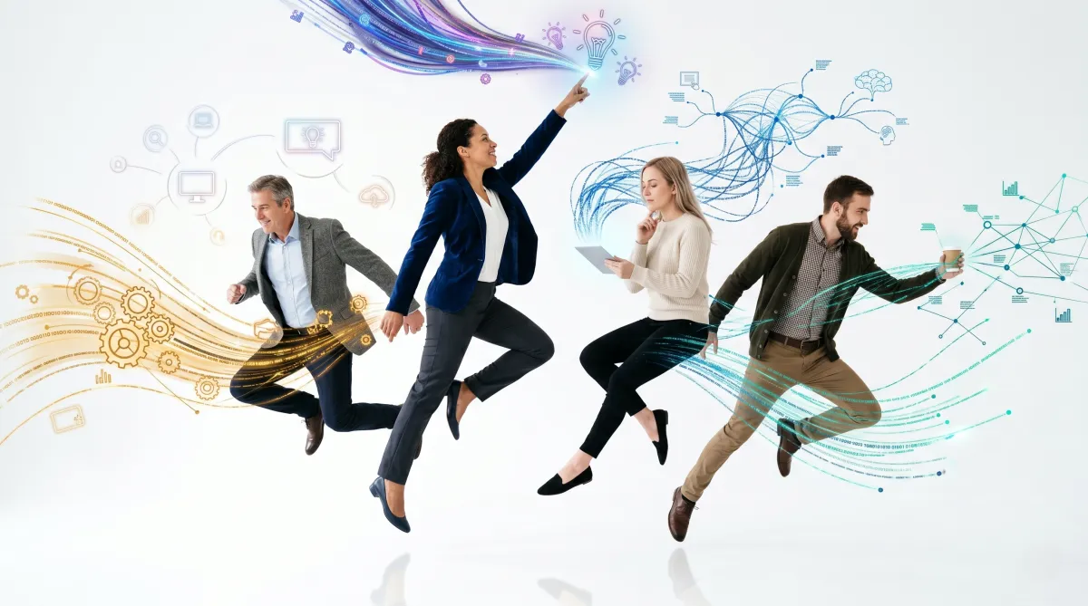 our diverse business professionals in smart-casual attire leaping dynamically forward against a pure white background, accompanied by vibrant, colourful digital streams representing innovation, data analytics, and collaborative teamwork.