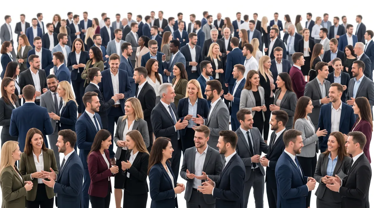 A wide, hyper-realistic view of numerous European business professionals in modern, sharp corporate attire happily engaging in dynamic networking conversations and exchanging ideas against a pure white background.