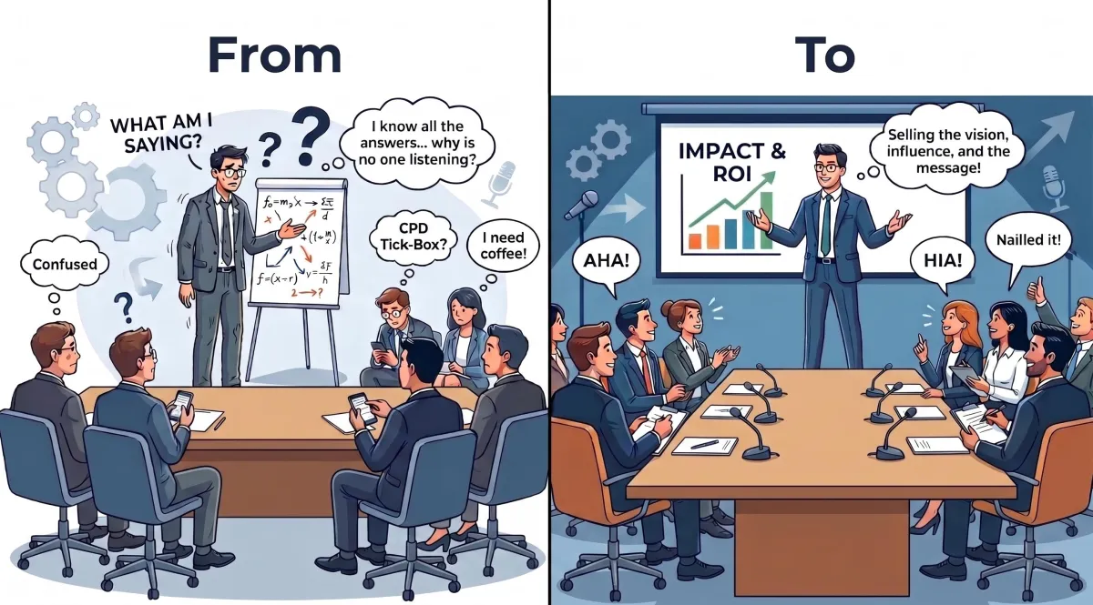 A side-by-side illustration demonstrating the power of effective executive presentation skills. The first panel shows a highly technical whiteboard session, while the second panel highlights the presenter successfully translating that expertise into a clear Impact and ROI message for a fully engaged and enthusiastic boardroom audience.