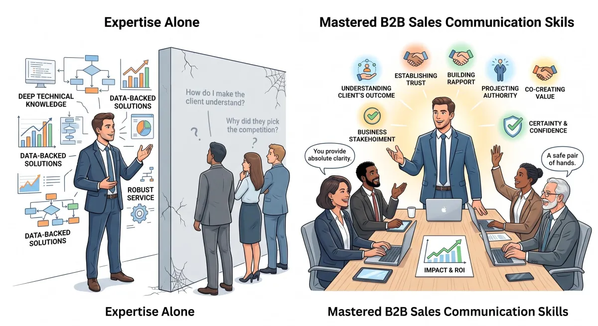 A side-by-side illustration comparing "Expertise Alone" with "Mastered B2B Sales Communication Skills." The left panel shows a professional presenting highly technical data behind a barrier, while the right panel displays the same professional successfully engaging a collaborative boardroom. The right side highlights key relationship-building outcomes like establishing trust, building rapport, projecting authority, and co-creating value, resulting in an audience that sees the presenter as a safe pair of hands providing absolute clarity on impact and ROI.