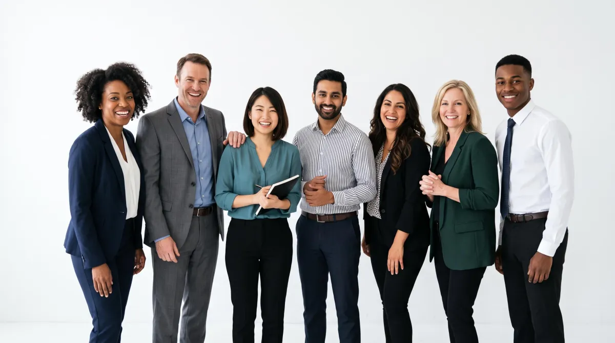 A multi-ethnic team of seven smiling business professionals standing close together, illustrating a highly cohesive and unified workplace culture