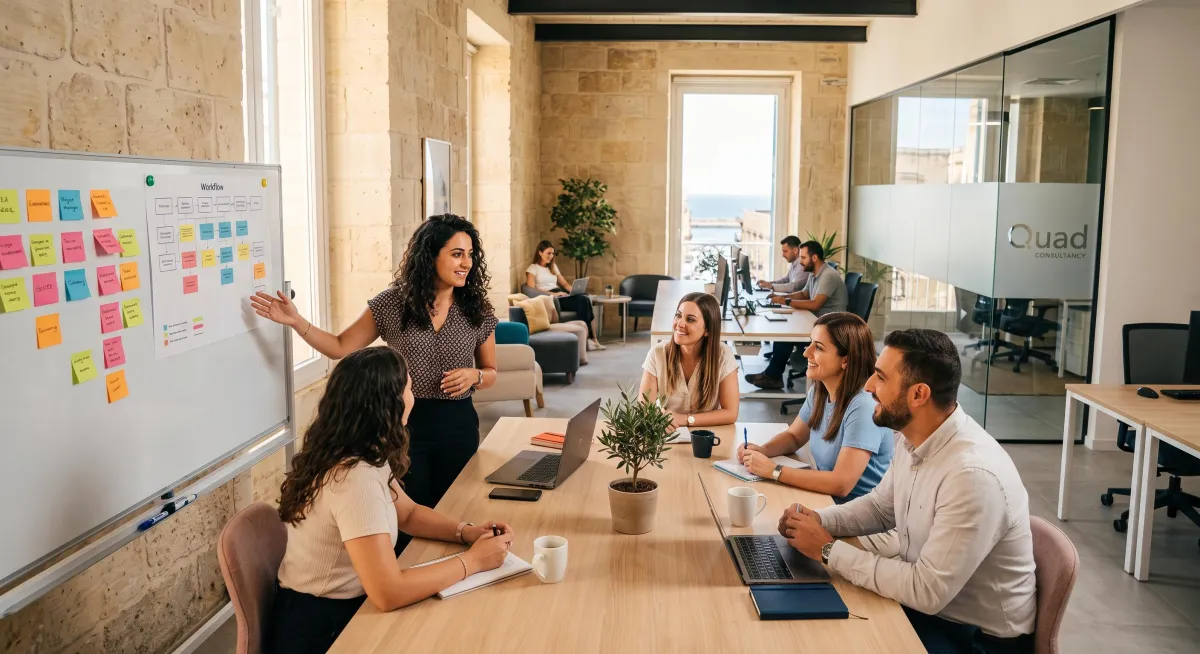 A productive team brainstorming and strategy session unfolds within a bright, contemporary Maltese office, distinguished by beautiful authentic exposed limestone walls. One woman stands, passionately presenting to four attentive colleagues gathered around a long wooden table littered with laptops and notebooks, her hand gesturing towards a whiteboard densely covered in colourful sticky notes and intricate workflow diagrams. Other employees are visible working diligently in the background through modern glass partitions, where the 'Quad Consultancy' logo is subtly etched, reinforcing professional HR expertise. This inviting, collaborative scene, capturing the essence of modern people management and workforce engagement, perfectly exemplifies effective teamwork, strategic planning, and a vibrant work environment in Malta.